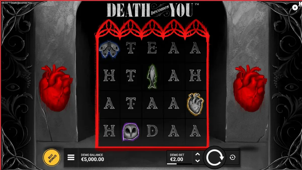 Tampilan visual slot Death Becomes You dengan estetika gothic dan neon