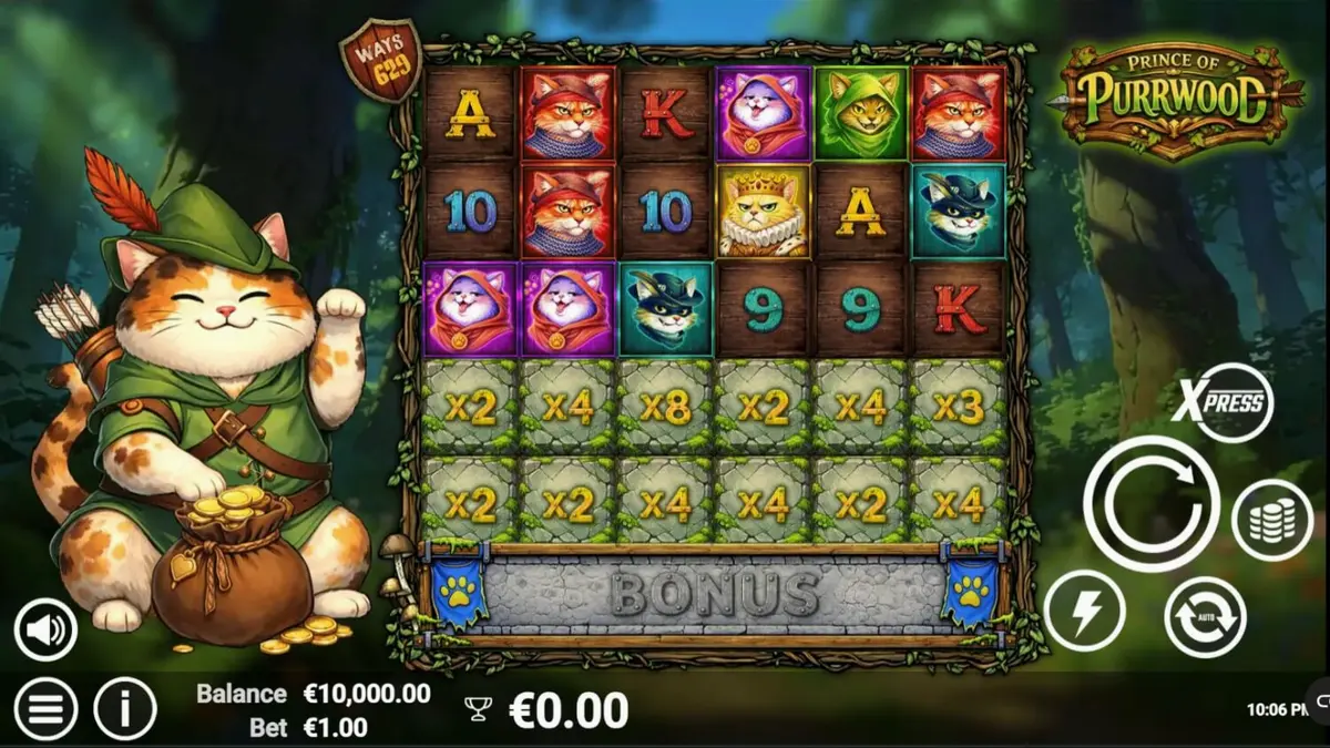 Tampilan visual slot Prince of Purrwood dengan tema kucing abad pertengahan
